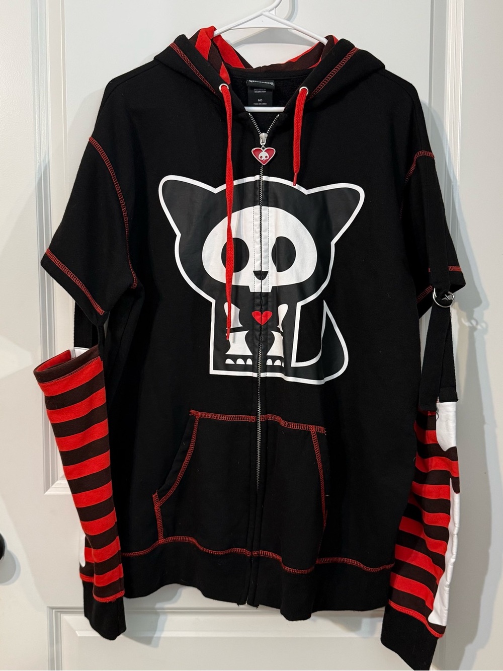 Skeleanimals Cat Ear Zip-Up Hoodie Black Red Striped Goth Emo Y2K
